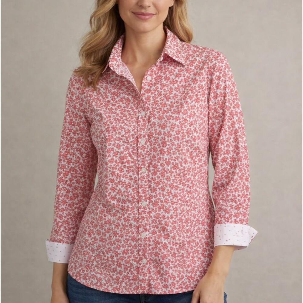 LL Bean Button Up Floral Flip Cuff Shirt Womens Sz M Coral Long Sleeve Cotton